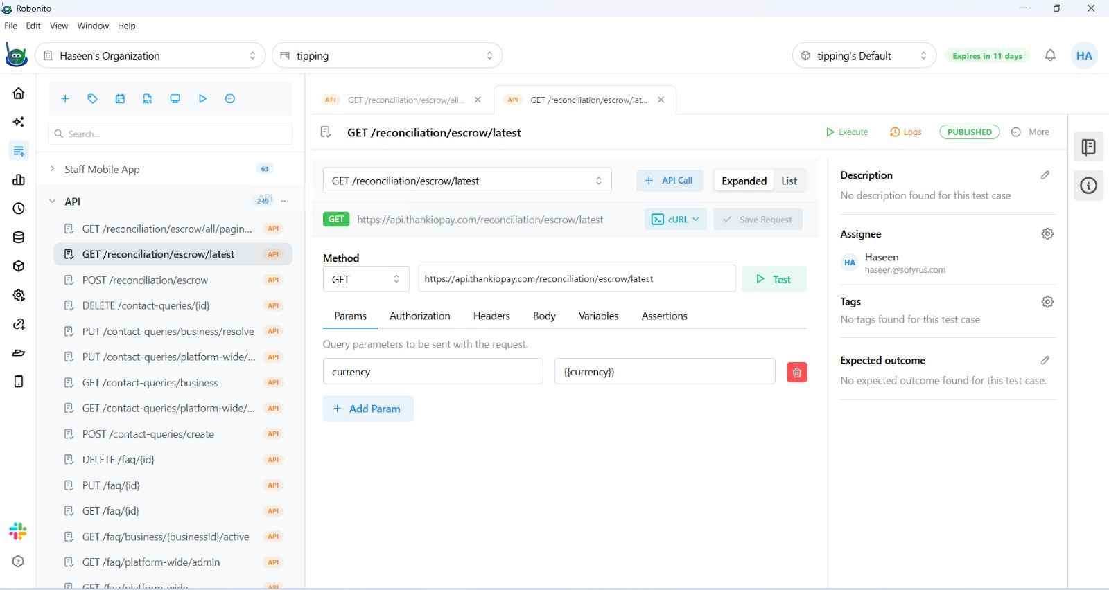 API test case with three chained steps linked by variable arrows