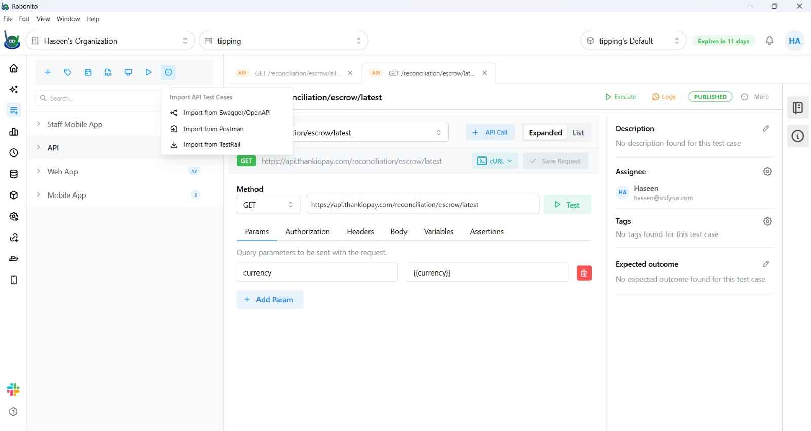 API import dialog showing Postman Collection and Swagger/OpenAPI import options
