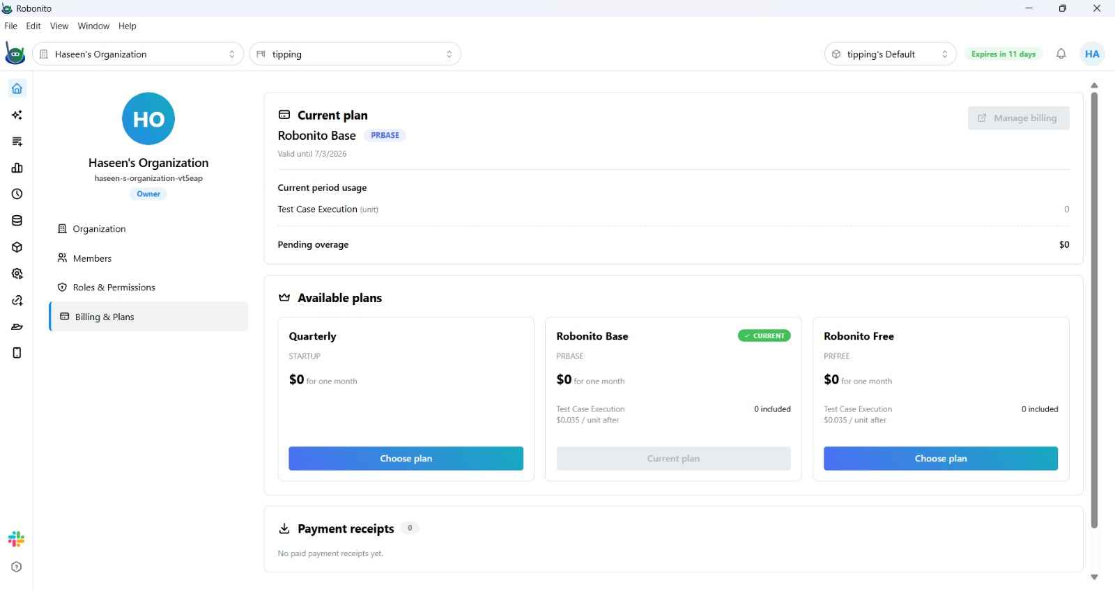 Usage and Billing dashboard showing execution minutes, parallel threads, and data retention