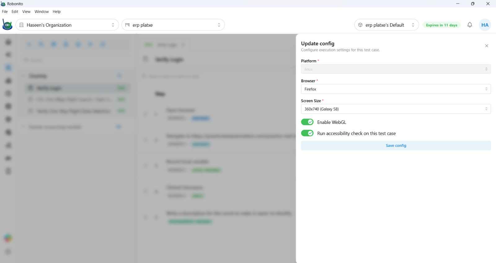 Cloud configuration panel showing browser dropdown, screen size, and toggle options