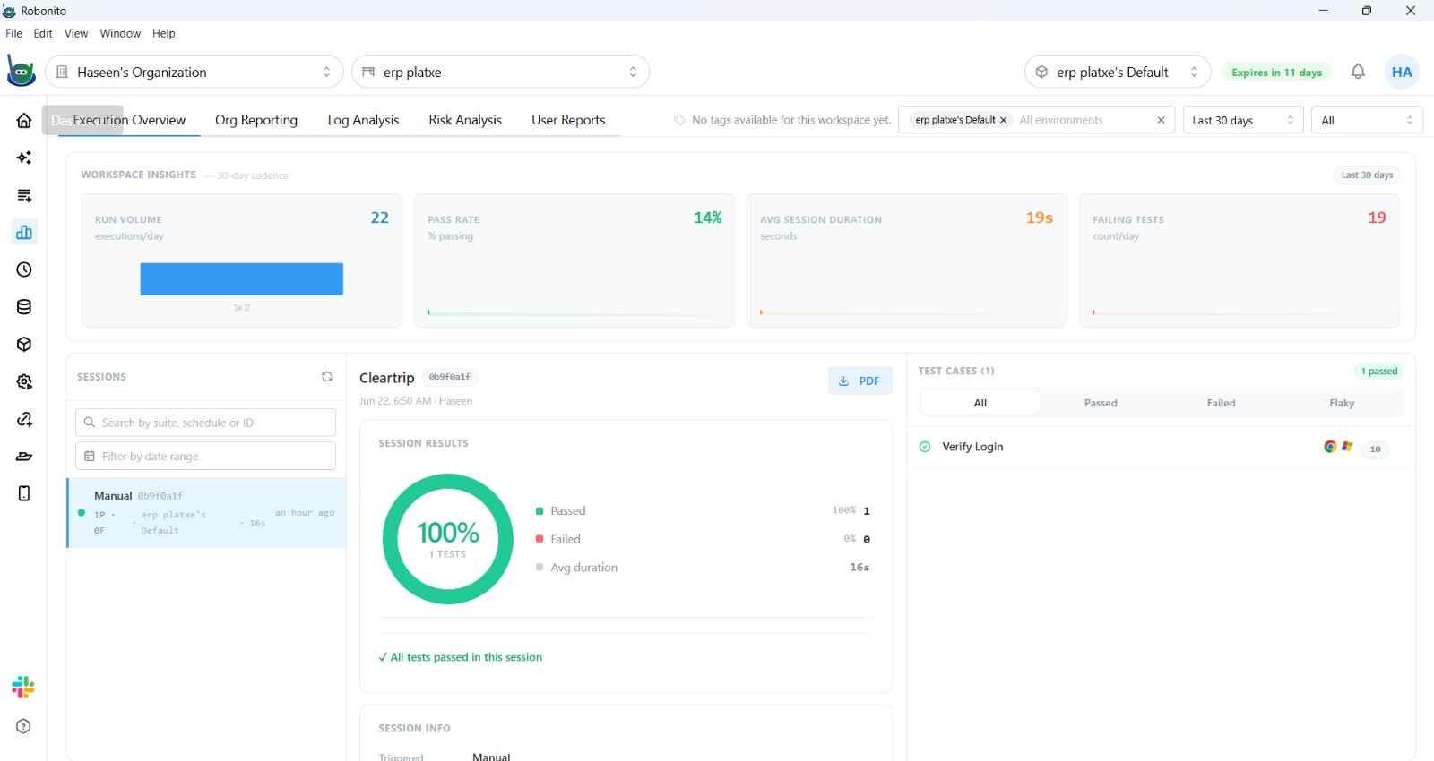 Reports dashboard showing multiple test results sharing the same execution batch ID