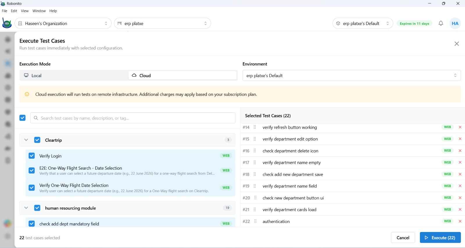 Suite-level Execute button and cloud execution selection in the Execution Configuration dialog