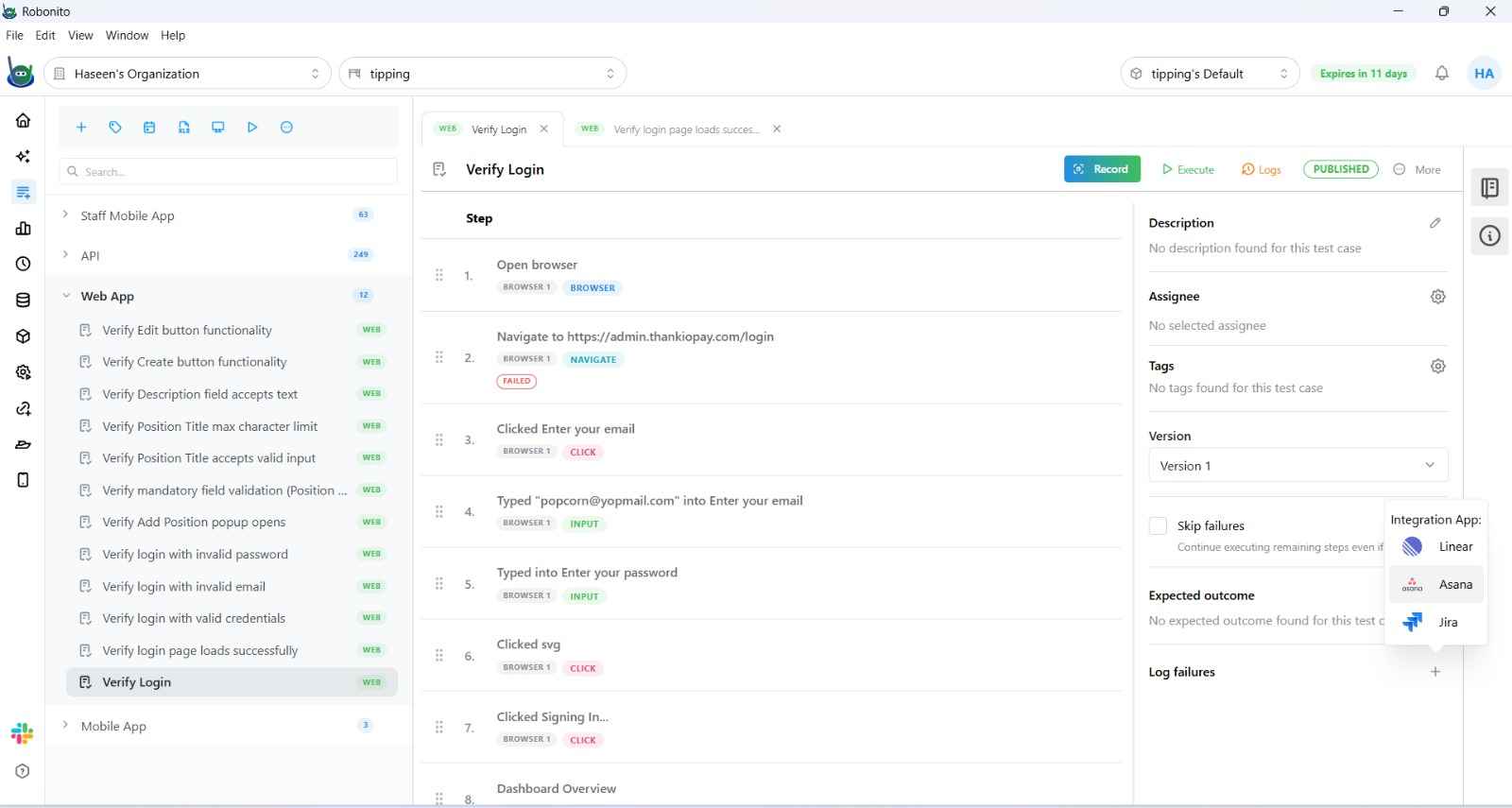 Asana defaults form showing Workspace, Project, and Assignee dropdowns
