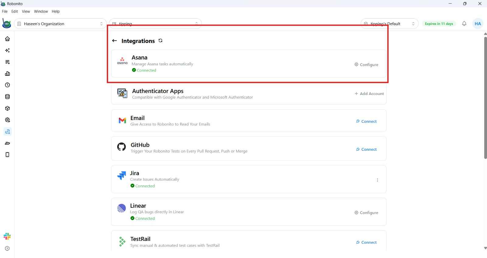 Asana OAuth authorization screen requesting workspace permissions