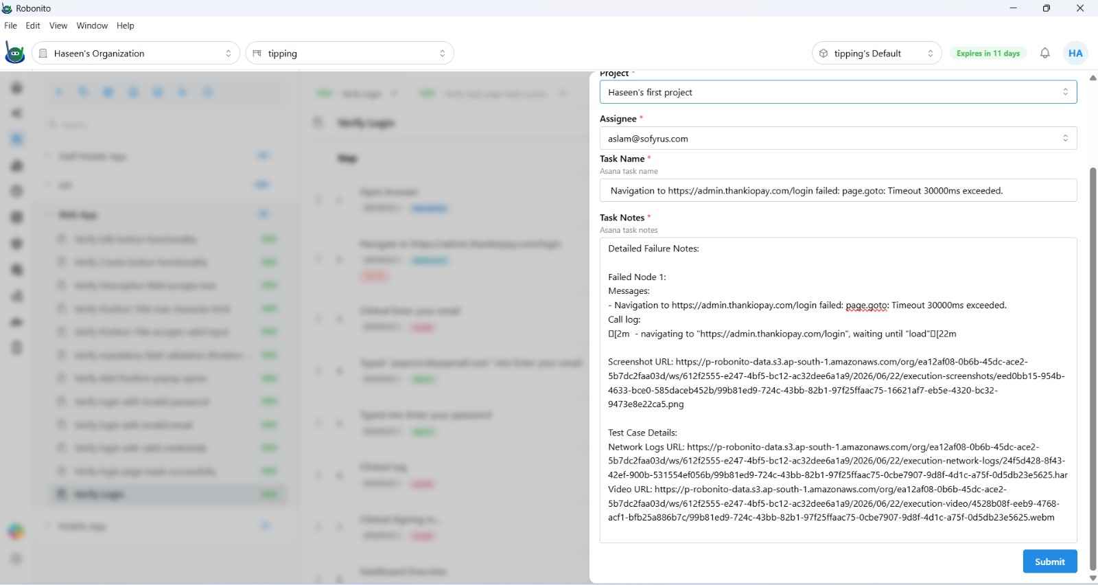 Asana task creation form pre-filled with test failure details