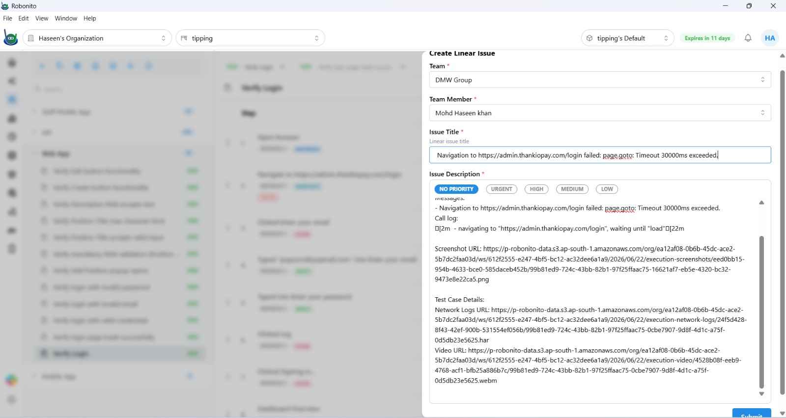 Linear issue creation form pre-filled with test failure details