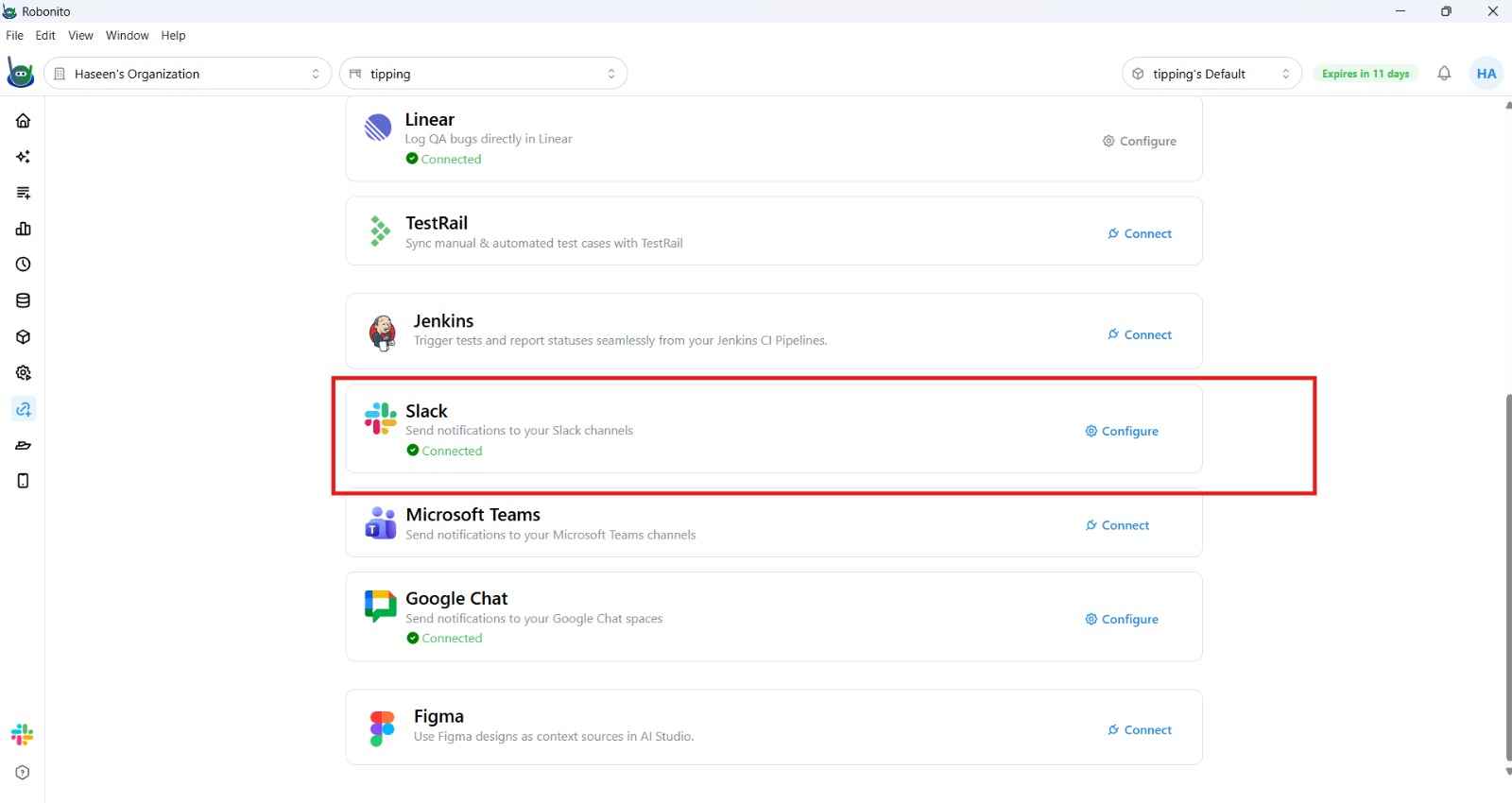 Example Slack message from Robonito showing a test run summary with pass/fail counts and a report link