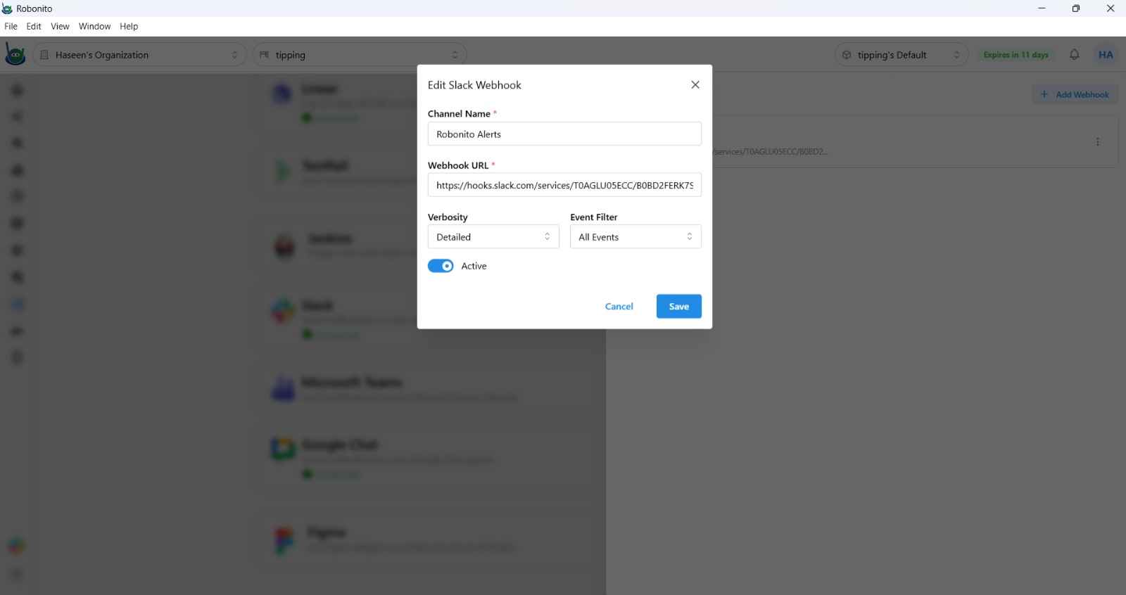 Slack integration configuration panel showing the Webhook URL field and Save button