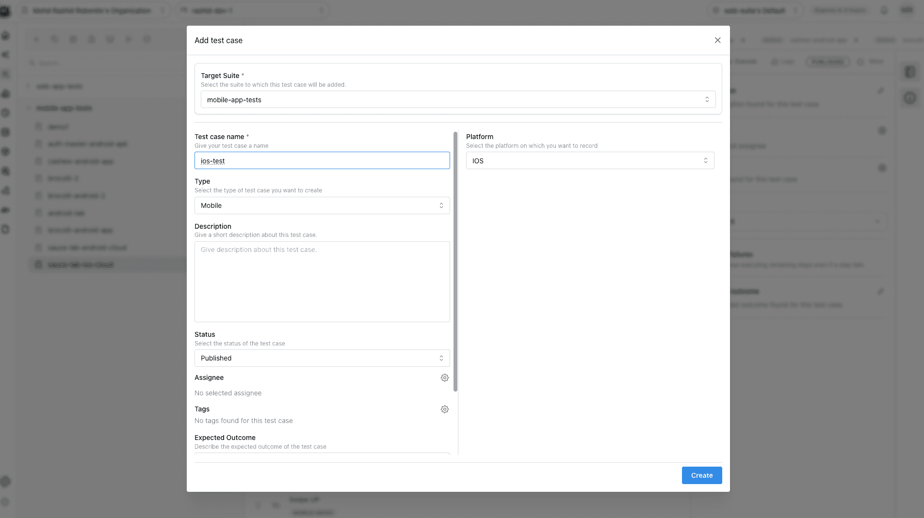 Test case creation dialog with Mobile type and iOS platform selected