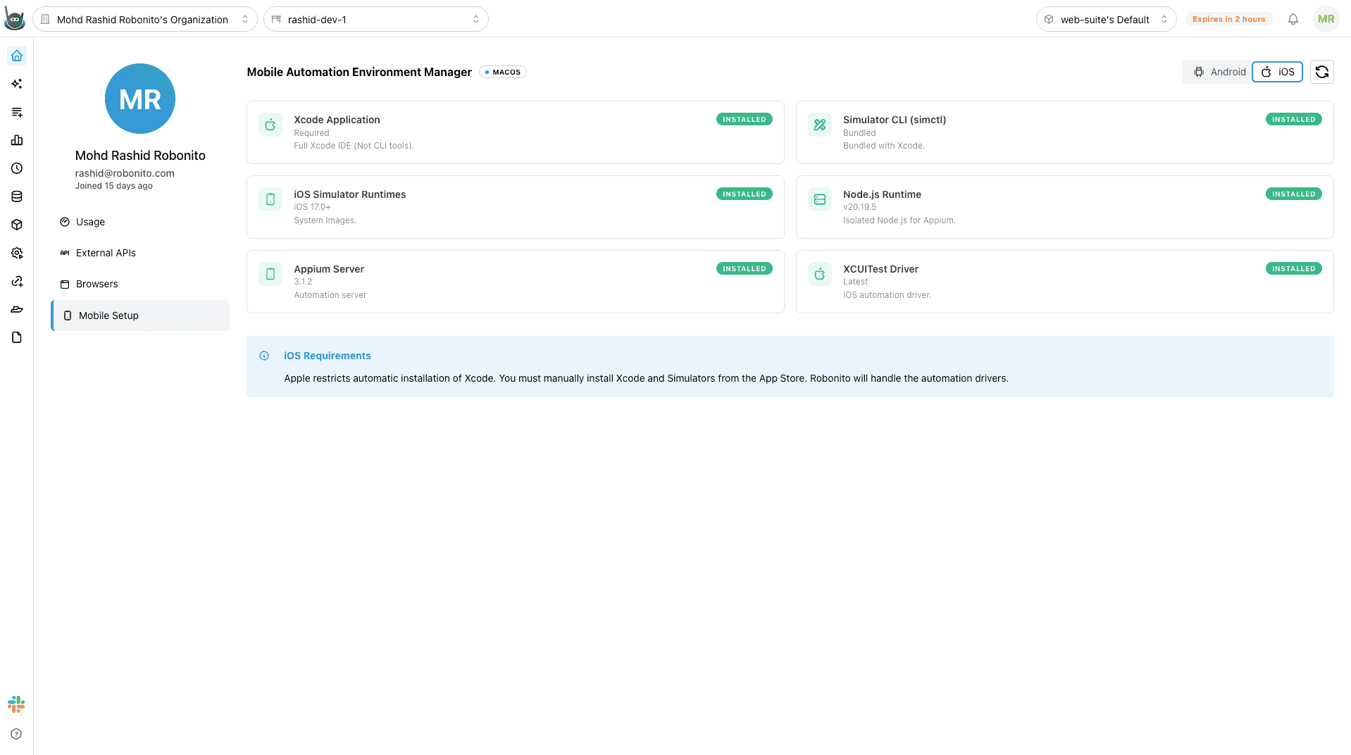 Mobile Setup page showing XCUITest Driver and UiAutomator2 Driver both with green INSTALLED status
