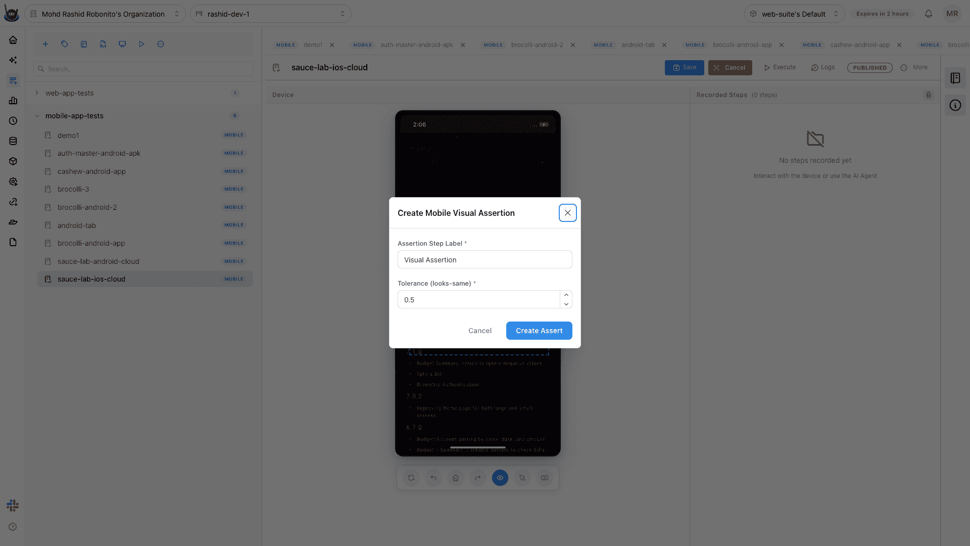 Mobile assertion editor on an iOS test case showing available assertion types