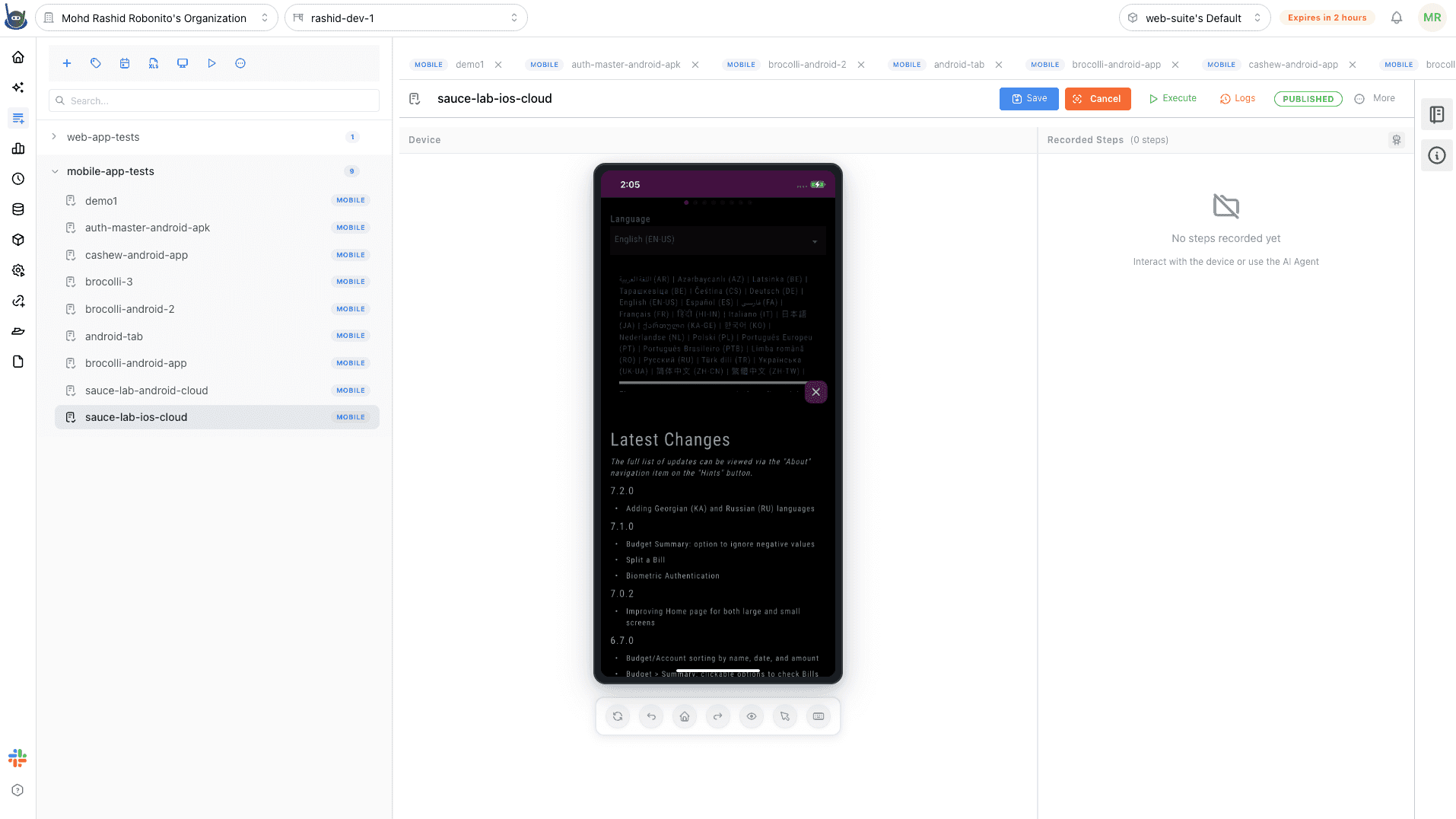 Recorded iOS test case timeline showing mobile-tap, mobile-input, and mobile-swipe nodes