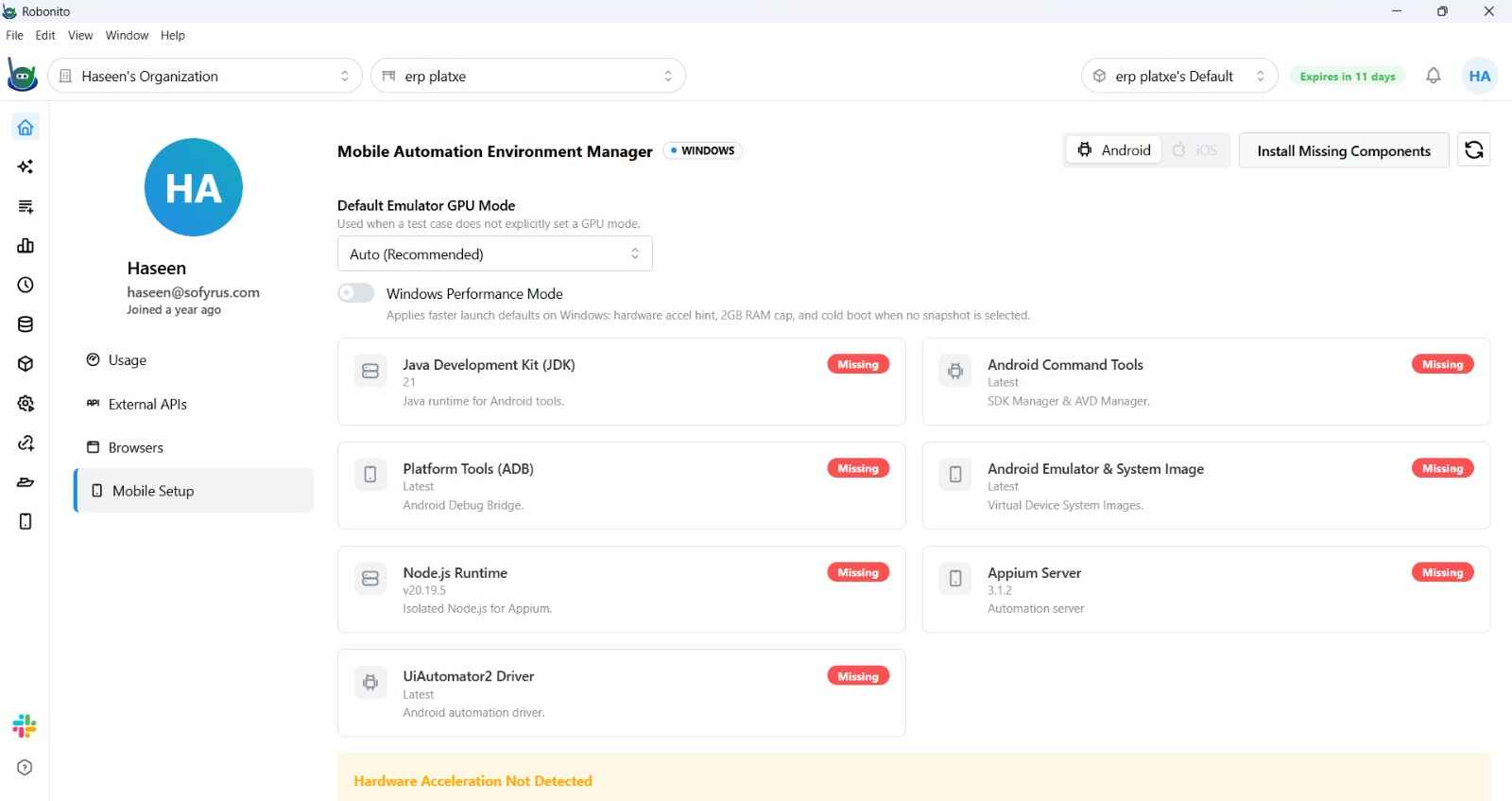 Mobile Setup page on macOS showing iOS-specific components alongside Android components
