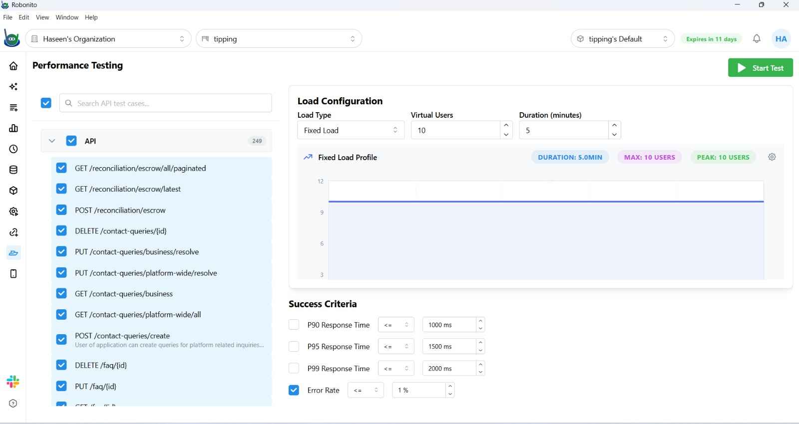 Performance Monitor with a live test running, showing KPI cards, charts, and the Stop Test button