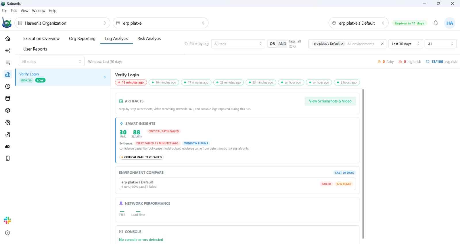 API execution report showing request and response panels with assertion results for a chained API test
