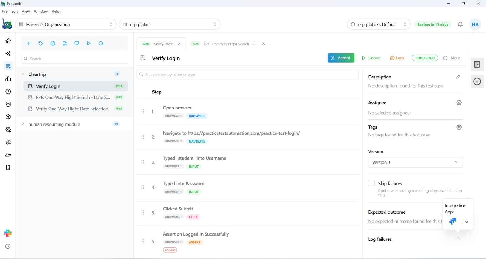Log Issue button on a failed step showing the Jira, Linear, and Asana picker