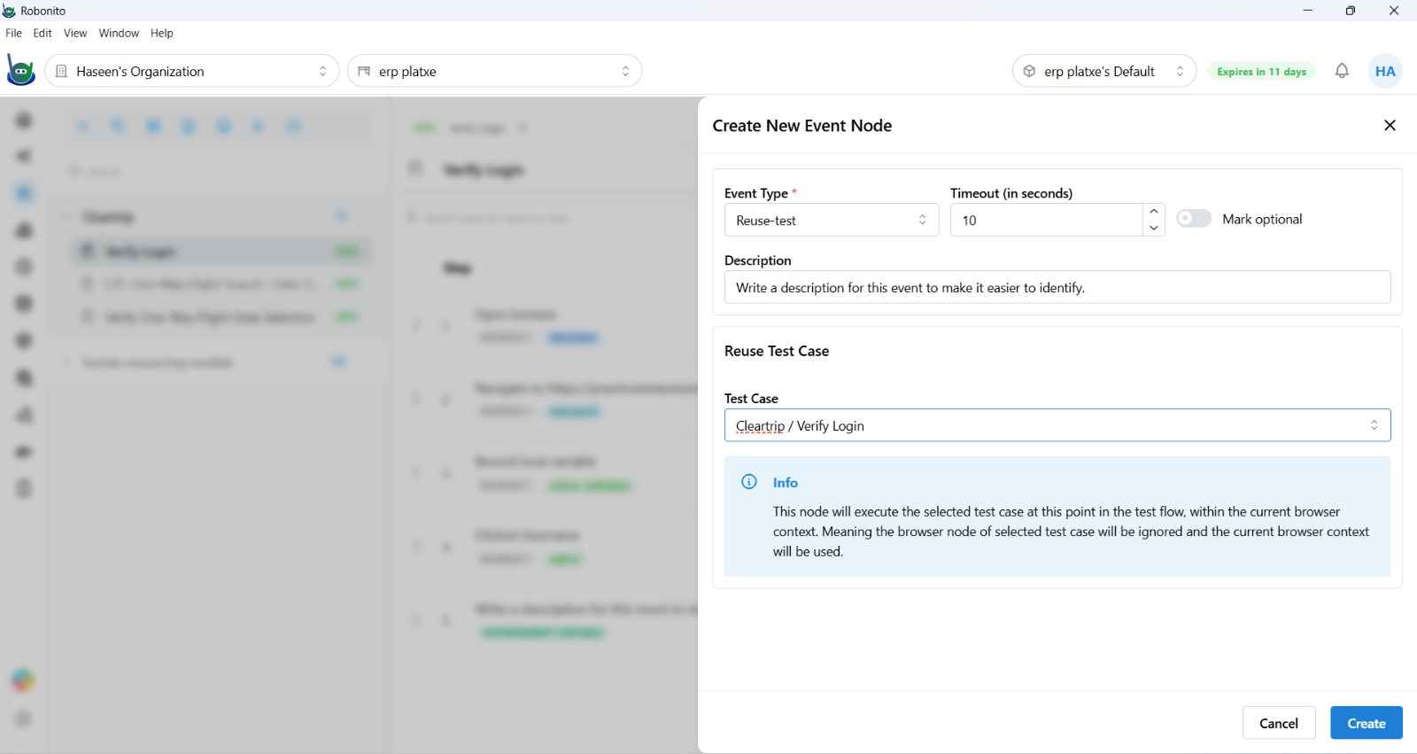 Recording configuration dialog with the Auth Test Case dropdown highlighted