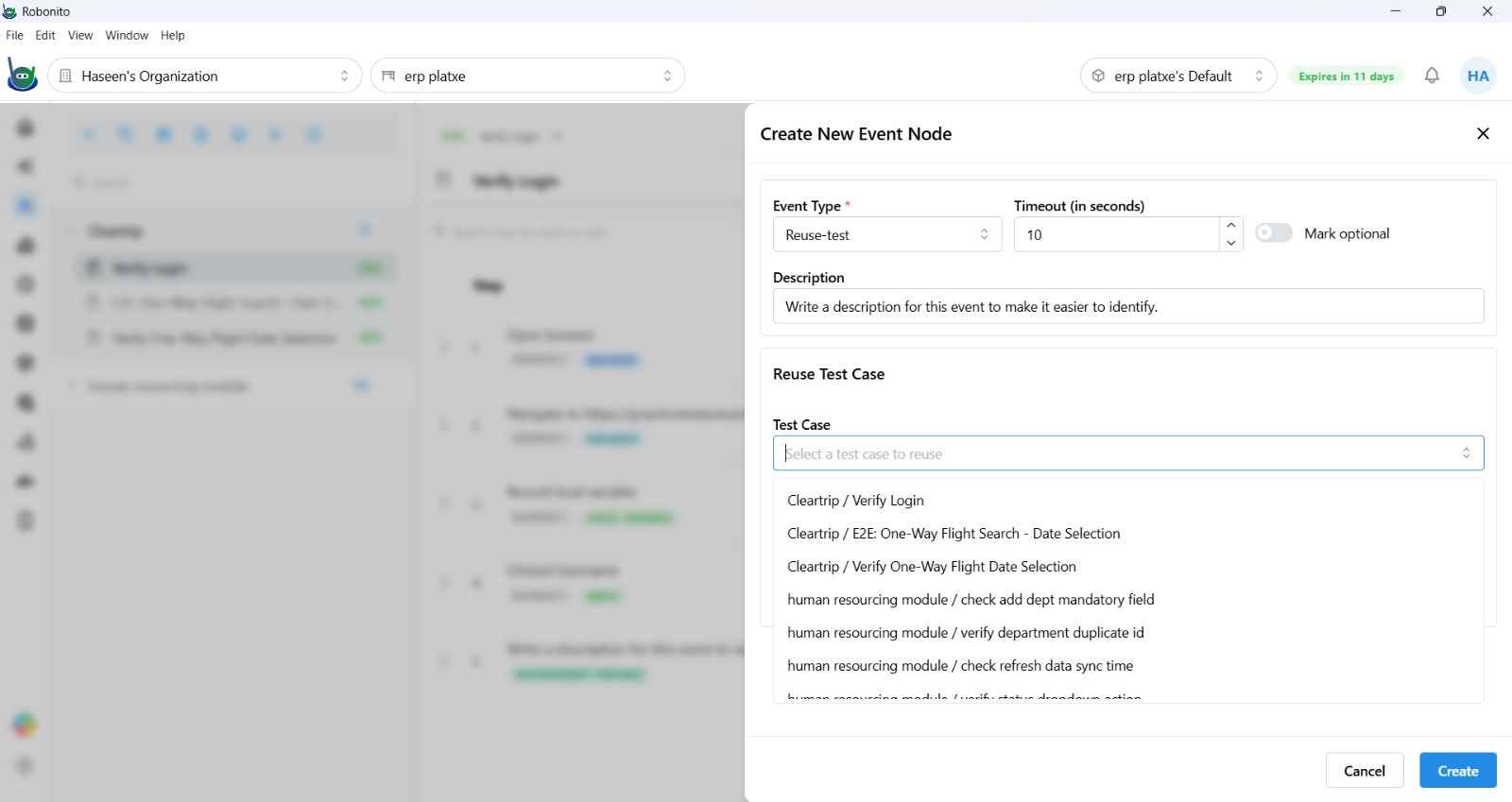 Reuse Test step editor showing the test case search dropdown