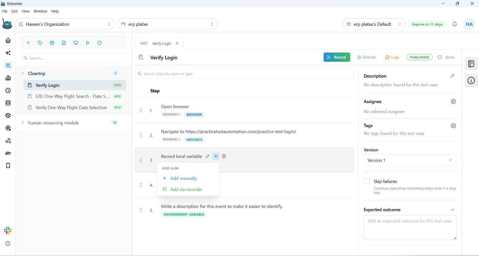 Test case timeline showing a Reuse Test step with the referenced test case name