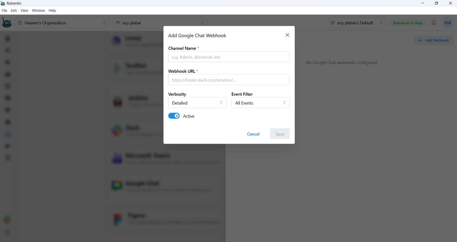 Notification channel configuration showing Slack webhook setup for schedule completion alerts
