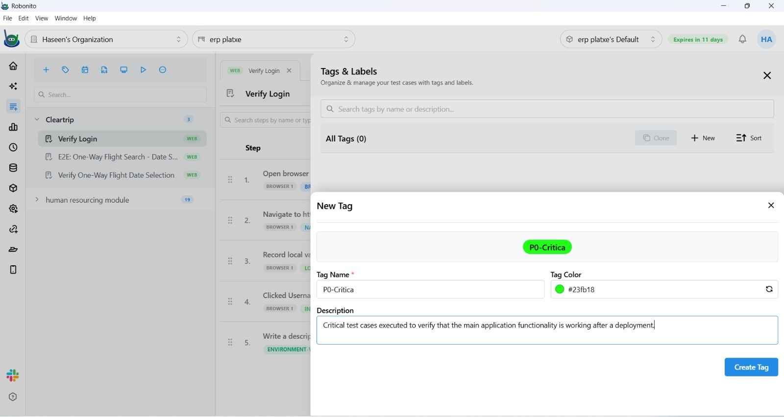 Tag Editor drawer showing Name, Description, and Color picker fields