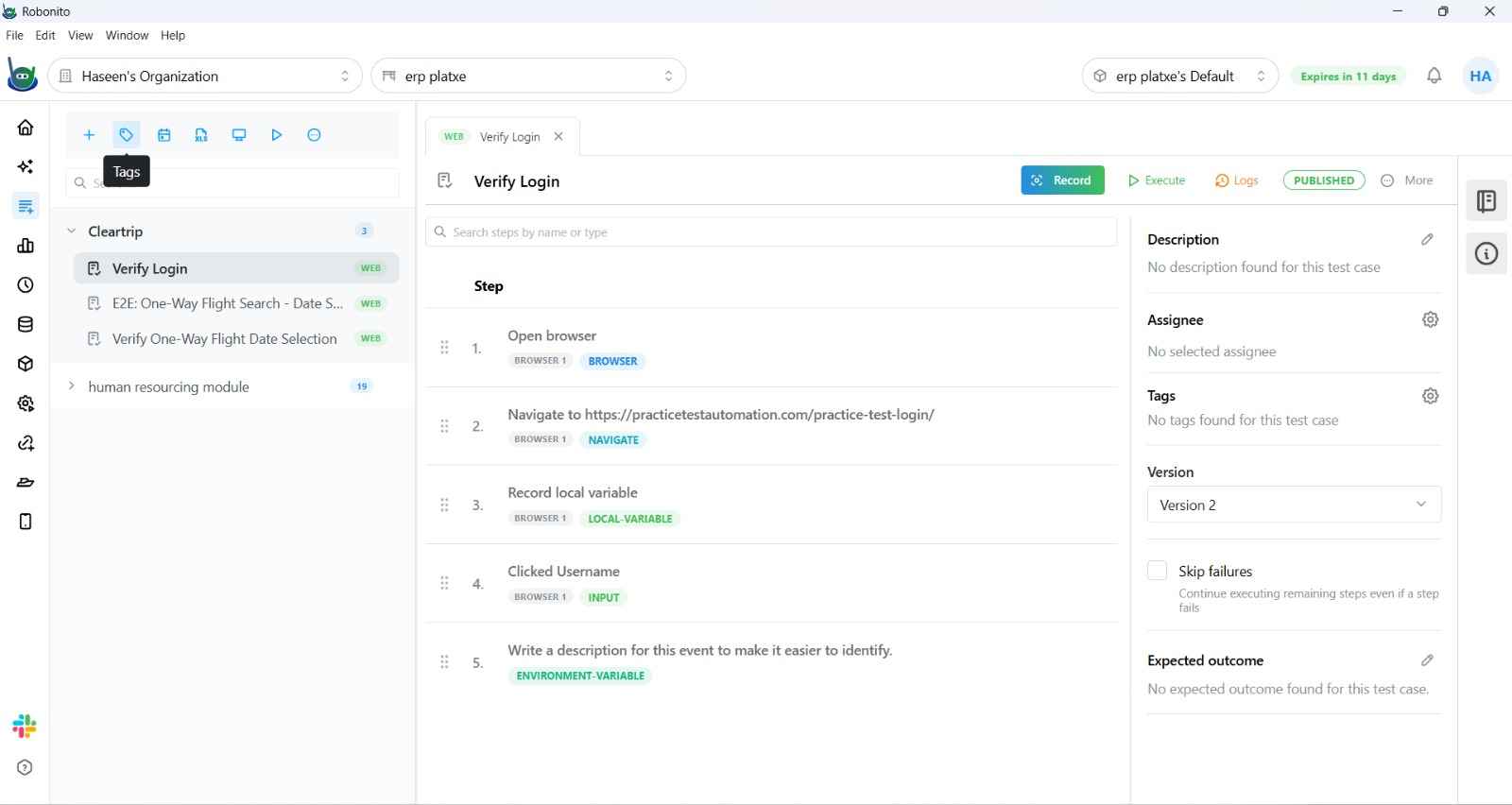 Test case list with colored tags like smoke, checkout, and P0 applied