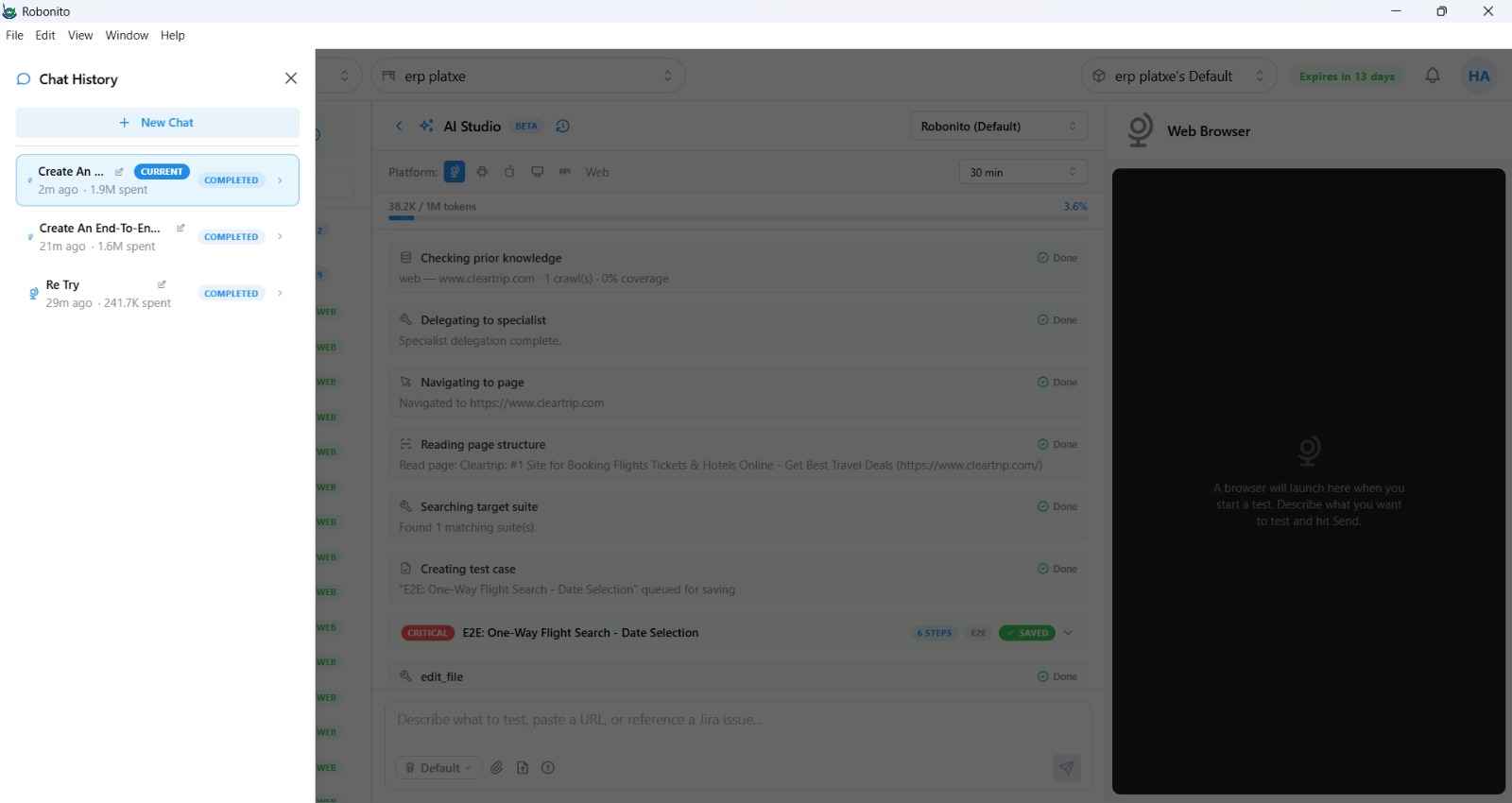 History drawer showing a list of past AI Studio threads