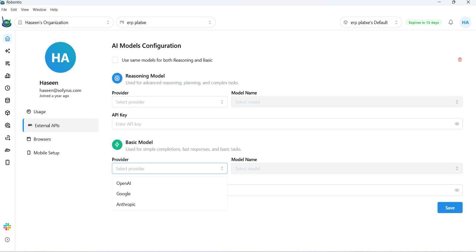 Model selector dropdown showing all available AI providers