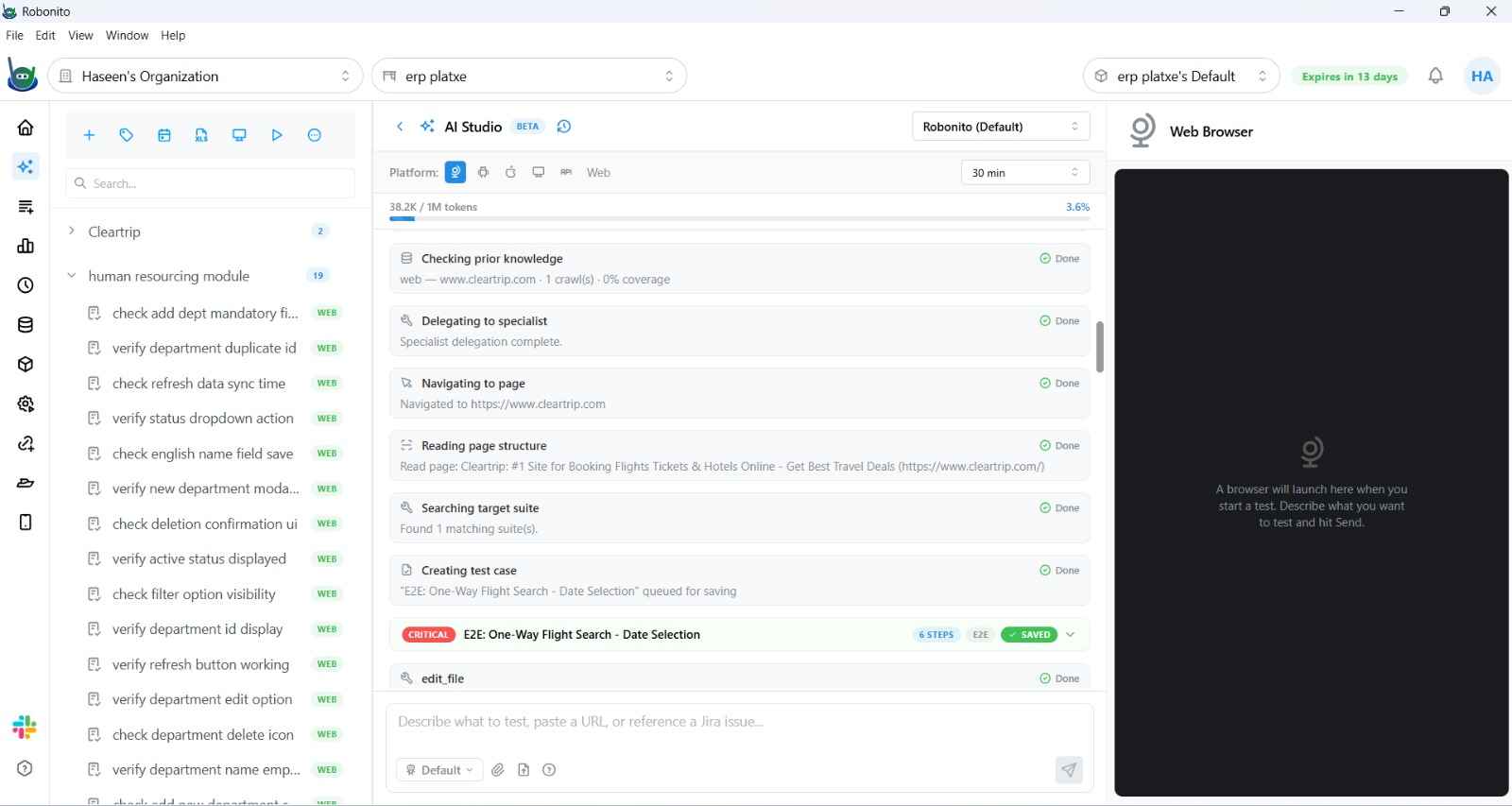 Generated test case card with Save to Suite button and suite selector dropdown