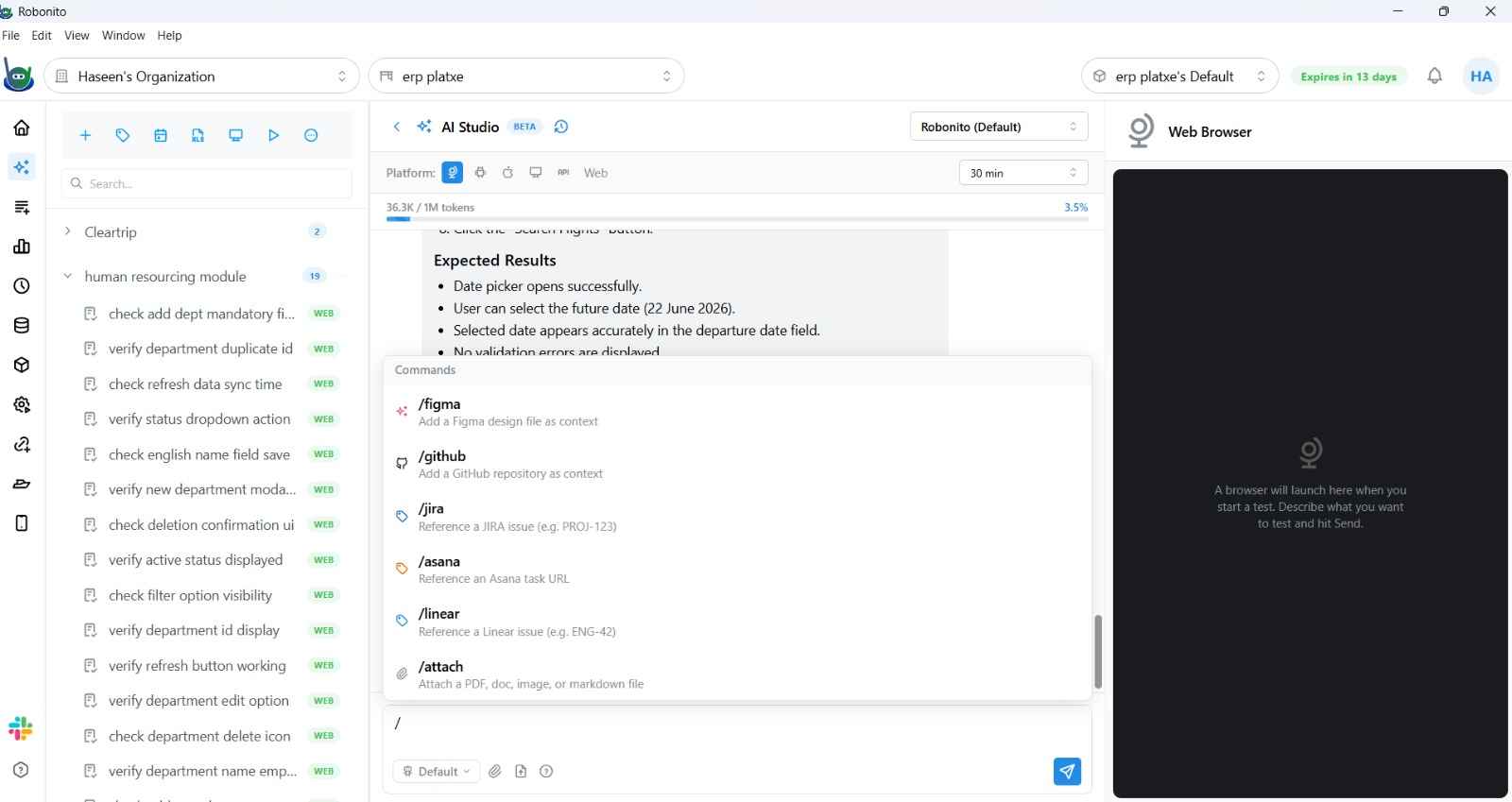 Slash-command menu in the chat input showing /figma, /github, /jira, /linear, /asana options