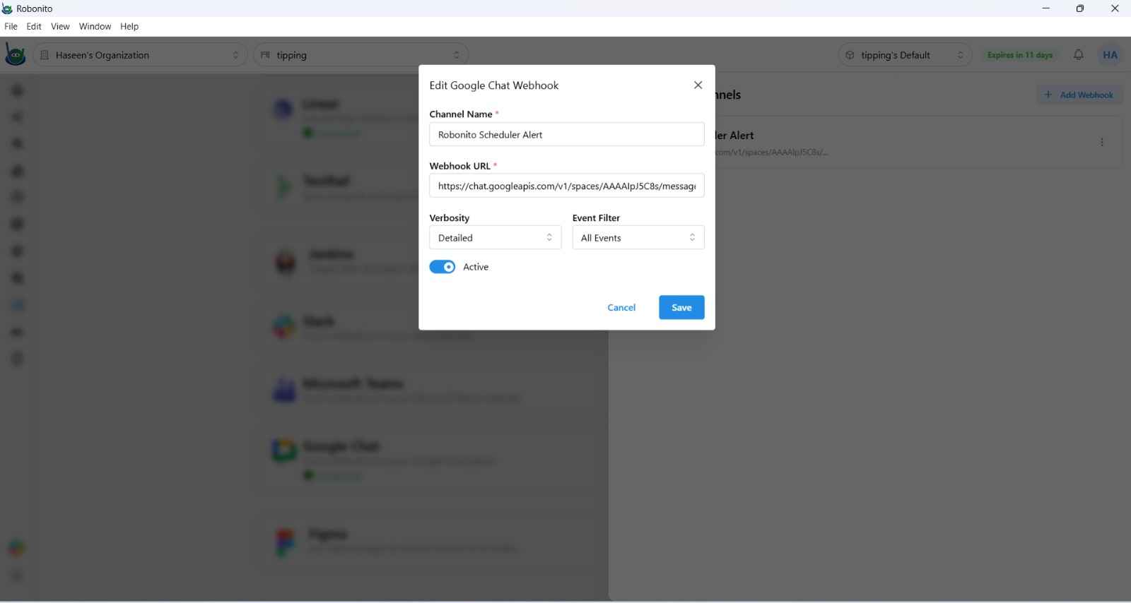 Google Chat integration configuration panel showing the Webhook URL field